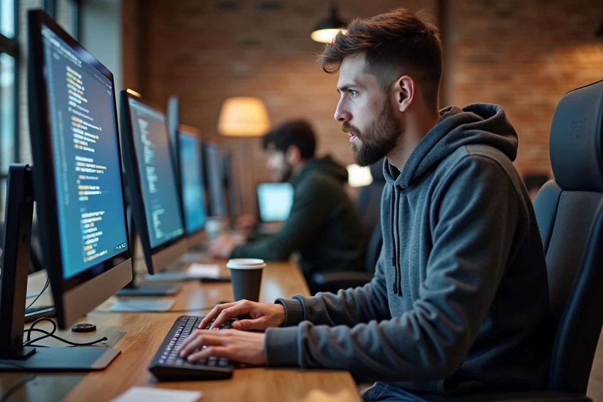 Jeune homme developpeur concentré sur son code en open space