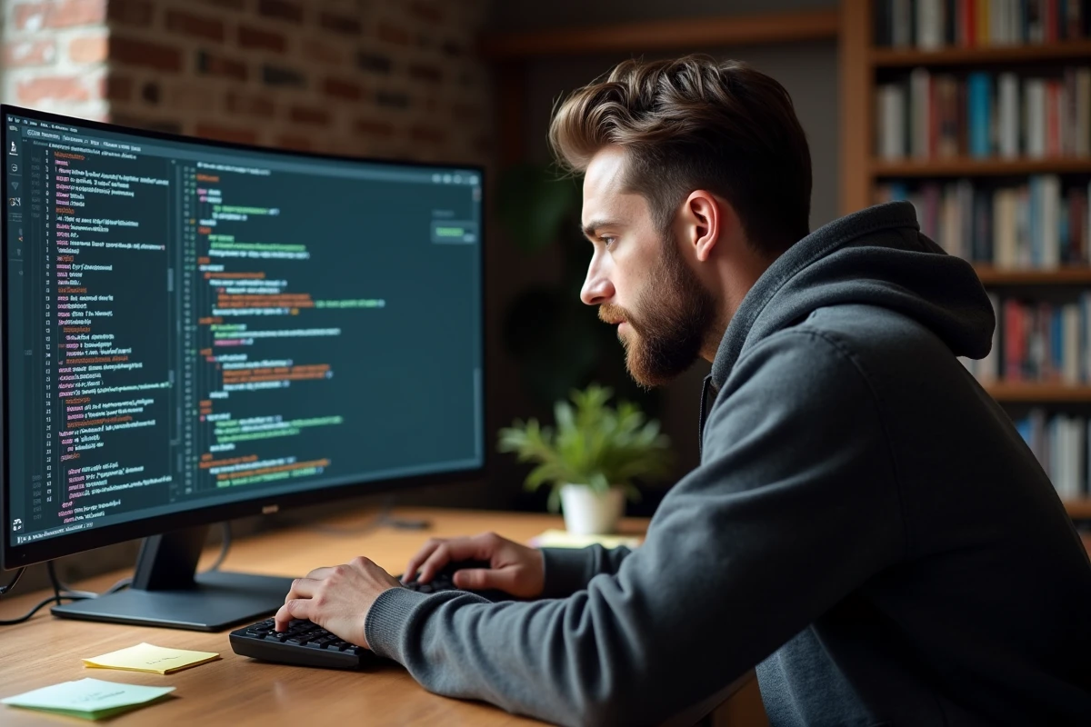 Développeur logiciel déboguant un script bash avec des erreurs de pile affichées dans un terminal sur un grand écran ultrawide