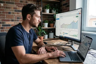 Développeur web masculin analysant les performances d'un hébergeur WordPress sur un écran ultrawide dans un bureau moderne