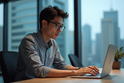 Jeune developpeur logiciel au bureau moderne avec skyline