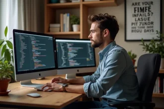 Jeune developpeur homme au bureau avec écrans de code Unicode