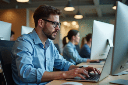 Jeune homme en bleu code sur son ordinateur dans un bureau moderne