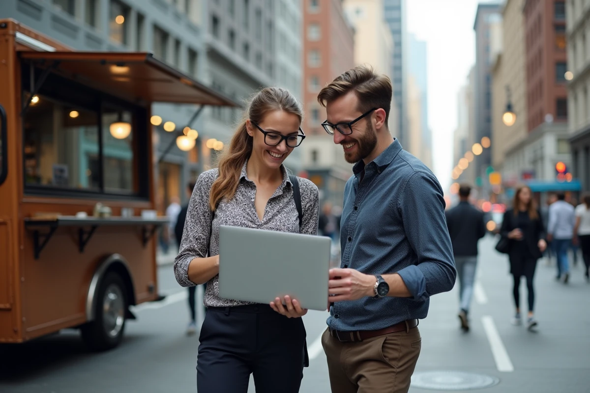 Femme developpeuse discutant avec un collègue en extérieur