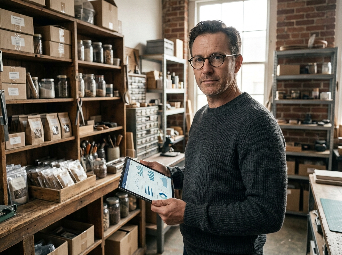 Dirigeant de TPE consultant un tableau de bord IA sur tablette dans son atelier artisanal