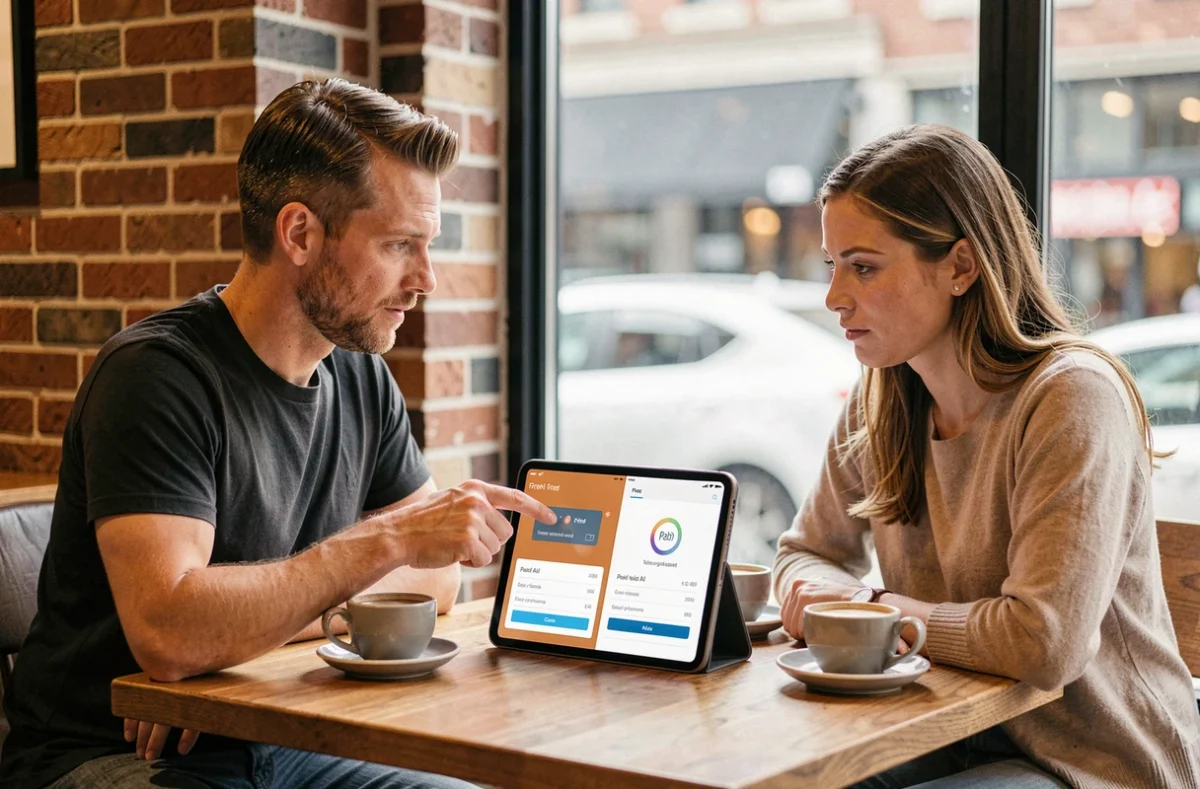 Deux professionnels dans un café comparant la version gratuite et payante de ChatGPT 5 sur une tablette