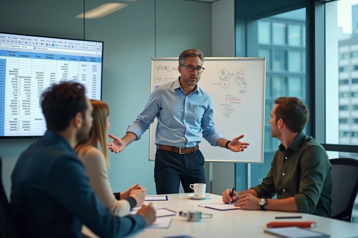 Homme expliquant un tableau Excel à un collègue en réunion