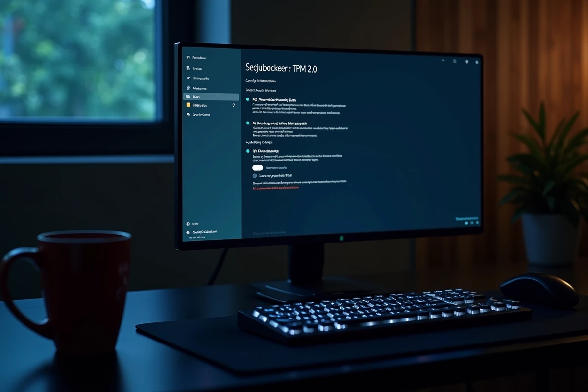 Écran Windows 11 affichant les paramètres de sécurité BitLocker et TPM 2.0 sur un bureau minimaliste