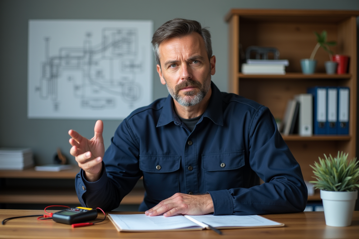 Électricien homme expliquant un diagramme électrique