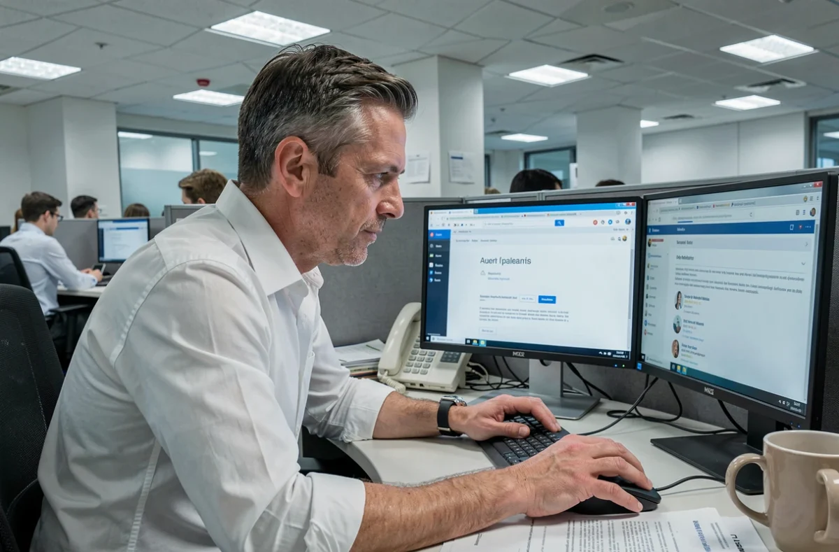 Employé de bureau consultant un message d'erreur sur une interface webmail en open space professionnel