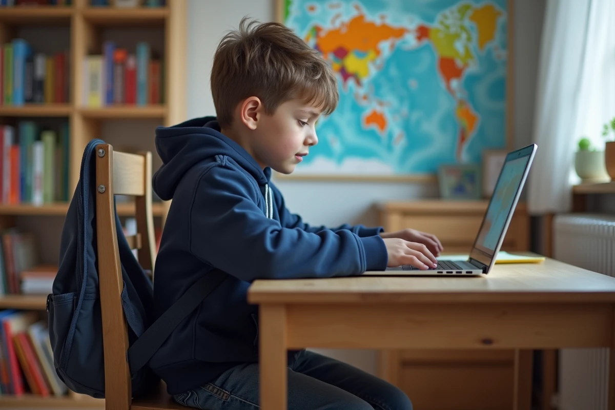 Enfant utilisant un ordinateur portable dans sa chambre, illustrant les enjeux de la vie privée numérique des mineurs