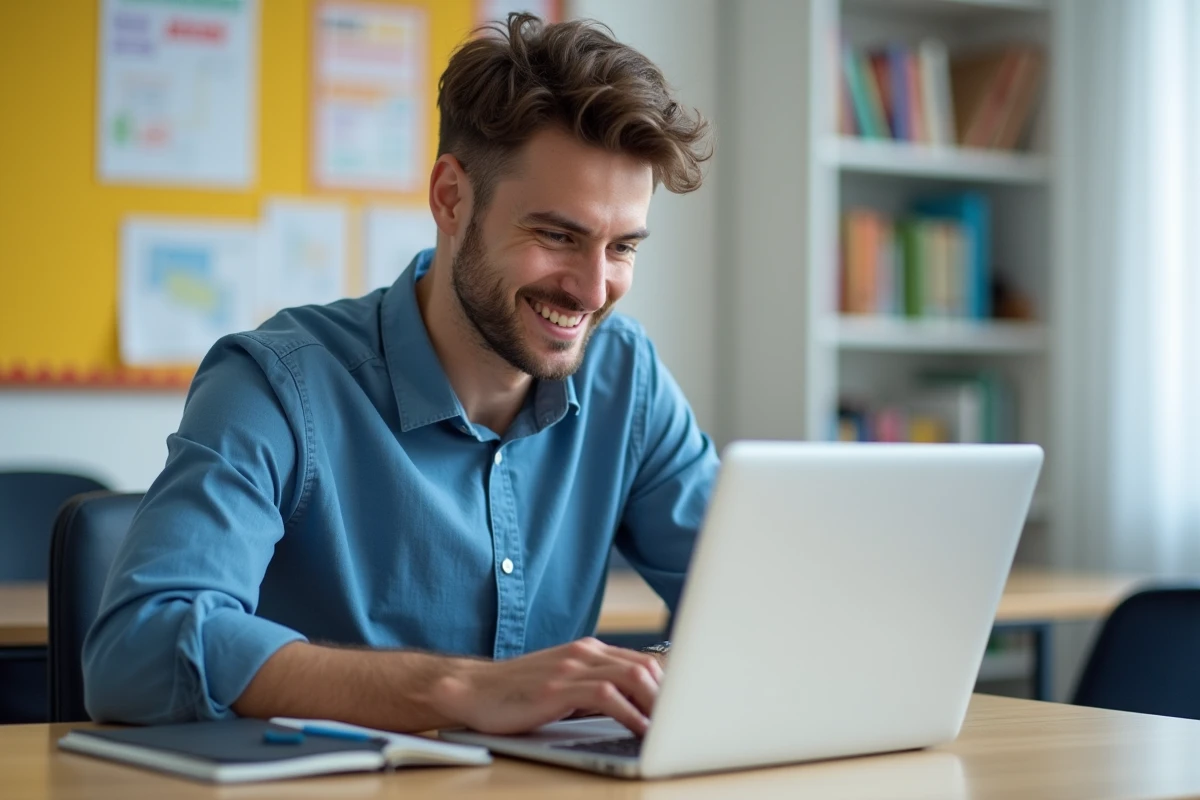 Jeune enseignant assis à son bureau en salle des profs