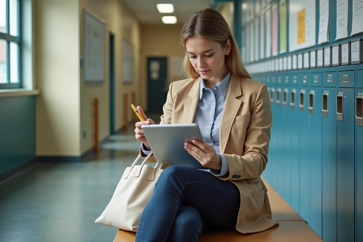 Enseignante dans le couloir scolaire avec une tablette