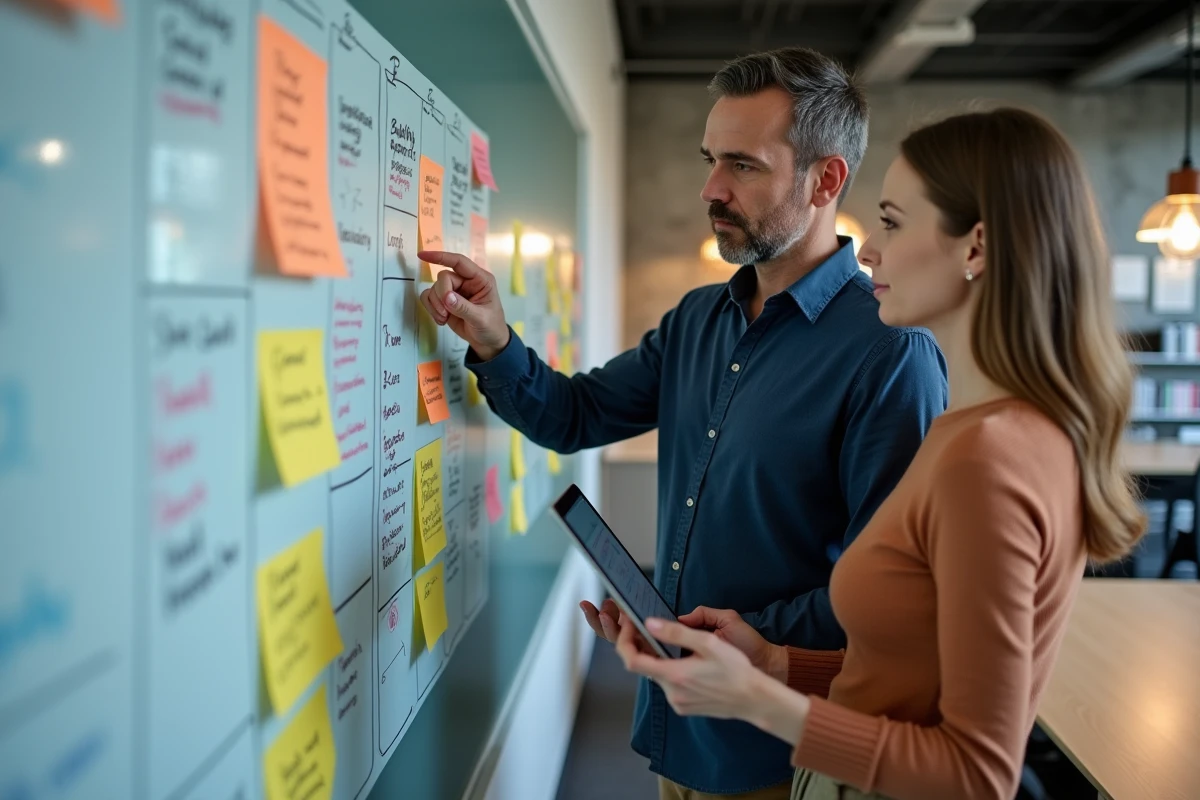 Deux collègues analysant une grille de comparaison de fonctionnalités SaaS sur un tableau blanc dans une salle de réunion