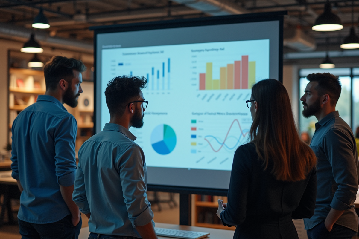 Groupe d analysts marketing discute devant un grand écran