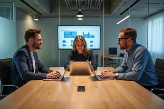 Équipe de professionnels collaborant autour d'ordinateurs portables dans un bureau moderne pour le partage centralisé de fichiers