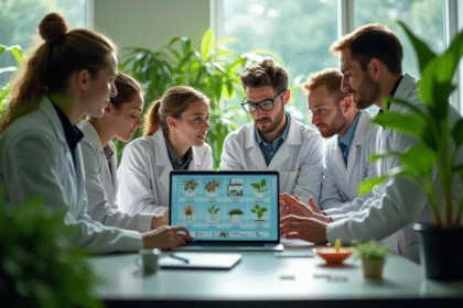Groupe de scientifiques analysant des plantes dans un laboratoire moderne