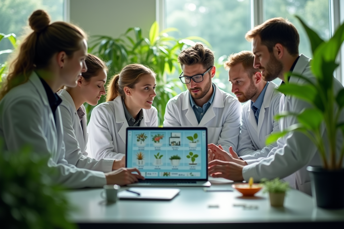 Groupe de scientifiques analysant des plantes dans un laboratoire moderne