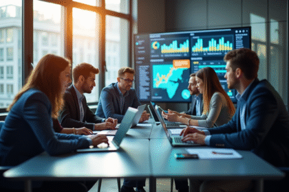 Équipe diversifiée analysant des tableaux de bord marketing numériques