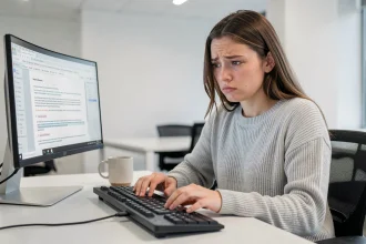 Jeune femme frustrée face à un clavier QWERTY dans un bureau moderne, les doigts hésitants au-dessus des touches