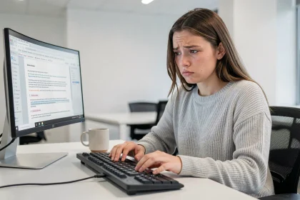 Jeune femme frustrée face à un clavier QWERTY dans un bureau moderne, les doigts hésitants au-dessus des touches
