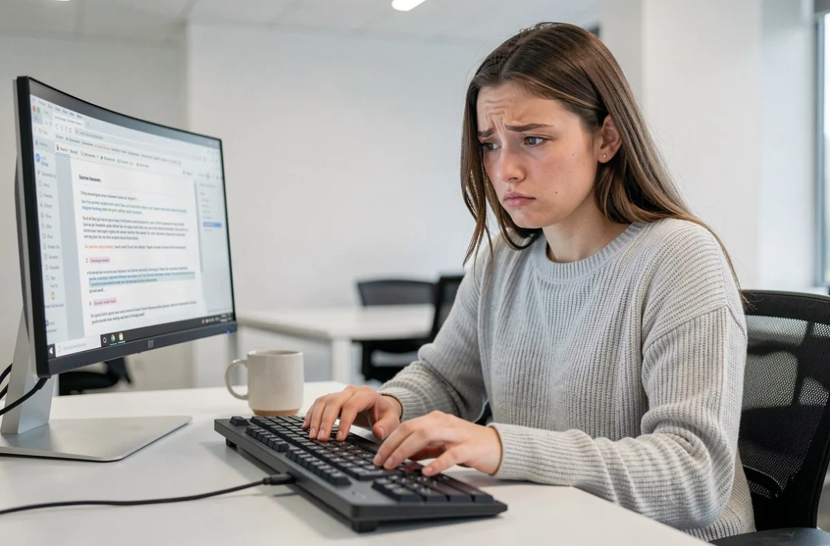 Jeune femme frustrée face à un clavier QWERTY dans un bureau moderne, les doigts hésitants au-dessus des touches