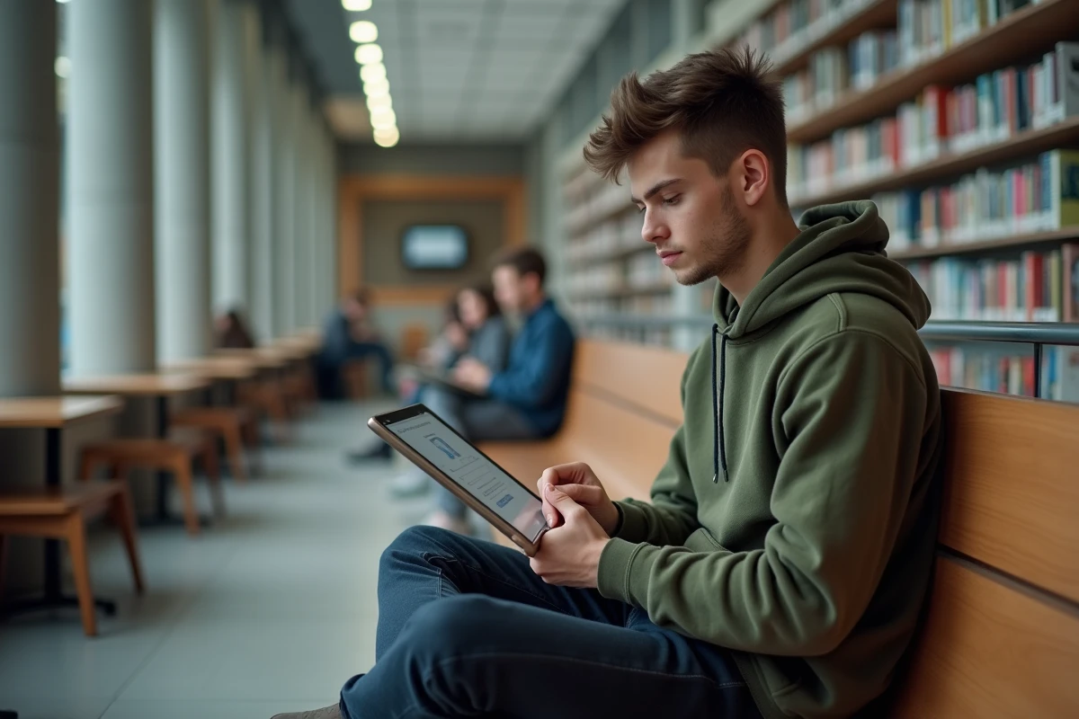 Étudiant résolvant une erreur de connexion à la messagerie ac-rouen sur une tablette en bibliothèque