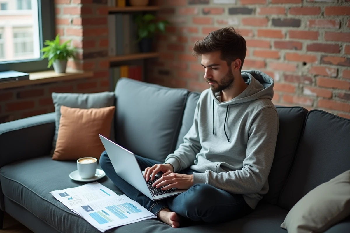 Étudiant en droit travaillant ses TD juridiques avec une intelligence artificielle sur son ordinateur portable dans son appartement