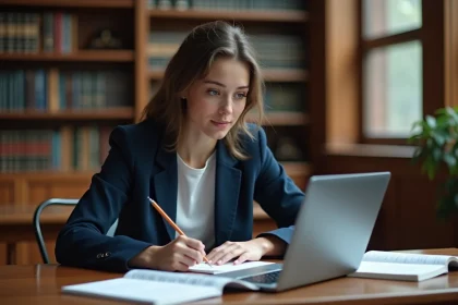 Étudiante en droit utilisant une IA juridique sur son ordinateur portable dans une bibliothèque universitaire entourée de manuels de droit