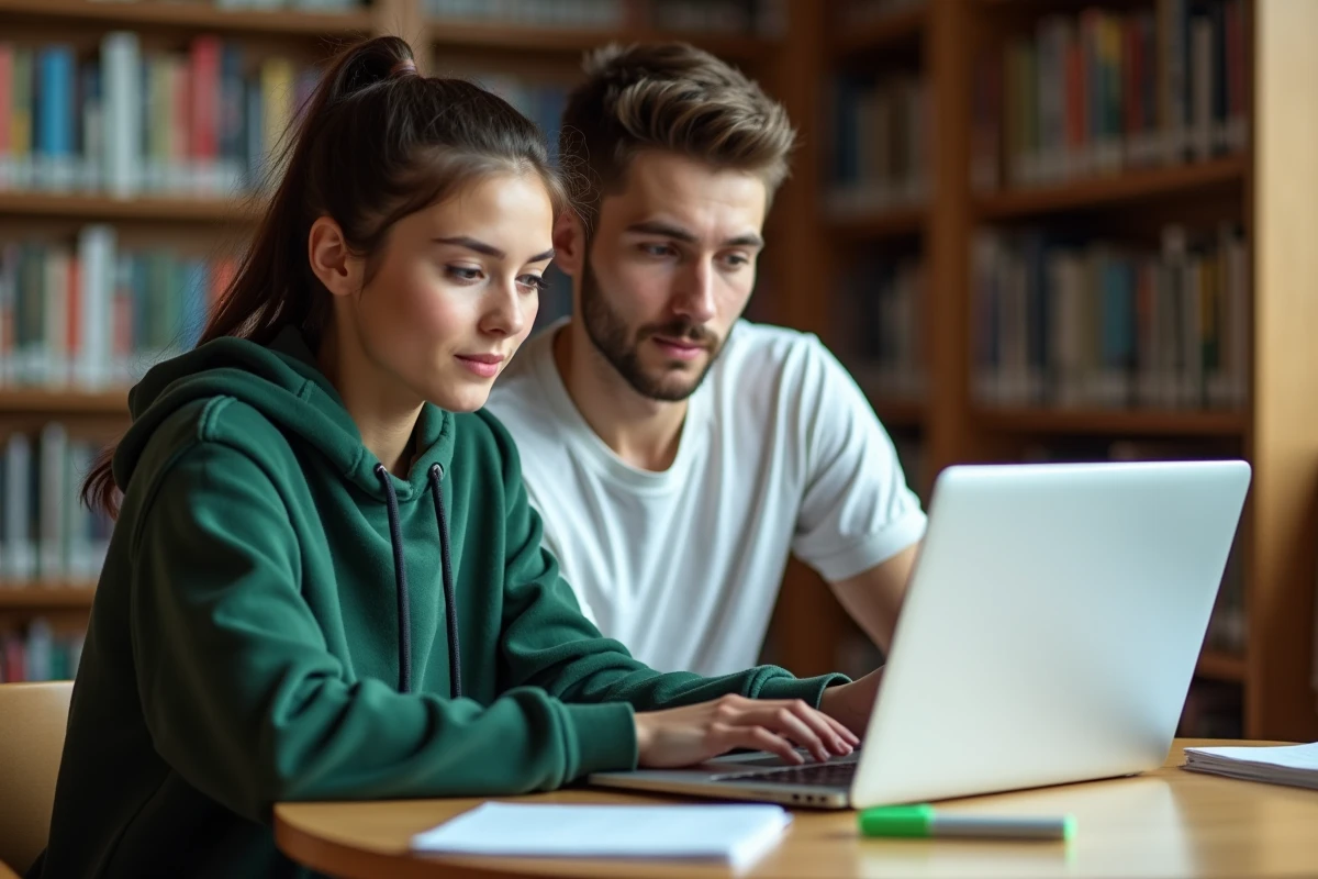 Deux étudiants apprenant à figer des cellules dans Excel sur un ordinateur portable en bibliothèque universitaire