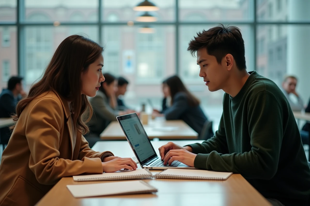 Deux étudiants en droit collaborant sur leurs travaux dirigés à l'aide d'un outil d'intelligence artificielle juridique en cafétéria universitaire