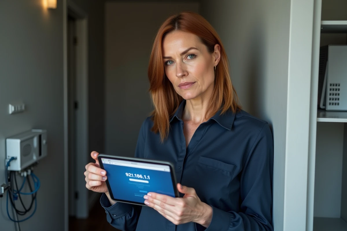 Femme accédant à l'interface de connexion du routeur via un navigateur sur tablette pour modifier les paramètres de sécurité WiFi
