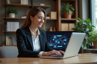 Jeune femme d'affaires travaillant sur un ordinateur avec diagramme blockchain