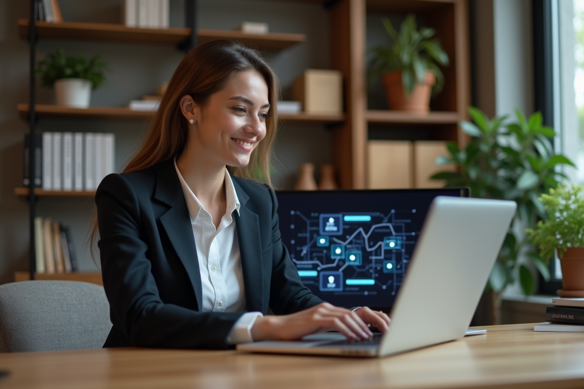 Jeune femme d'affaires travaillant sur un ordinateur avec diagramme blockchain