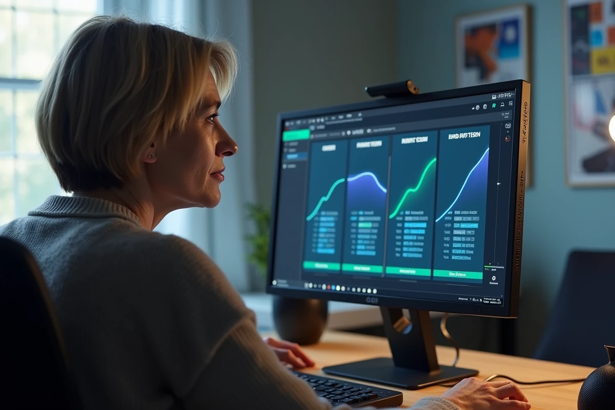 Femme réfléchissant devant un écran avec comparatif de refroidisseurs ARCTIC