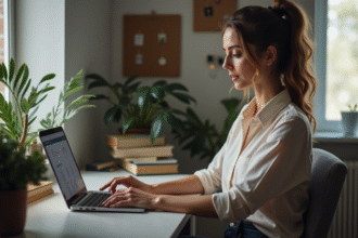 Jeune femme analysant des données SEO sur son ordinateur