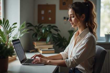 Jeune femme analysant des données SEO sur son ordinateur