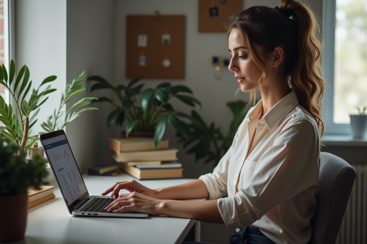 Jeune femme analysant des données SEO sur son ordinateur