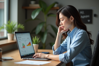 Jeune femme professionnelle compare des graphiques numériques