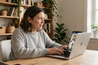 Femme utilisant Skype pour un appel vidéo sur son ordinateur portable dans un bureau à domicile