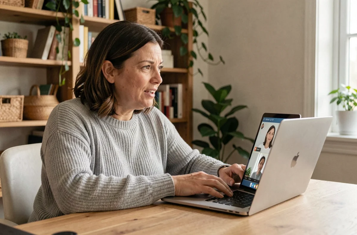Femme utilisant Skype pour un appel vidéo sur son ordinateur portable dans un bureau à domicile