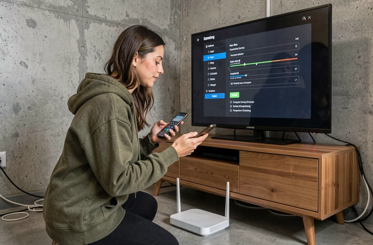 Femme vérifiant les voyants de sa box internet à côté d'une TV Samsung pour résoudre un problème de connexion WiFi