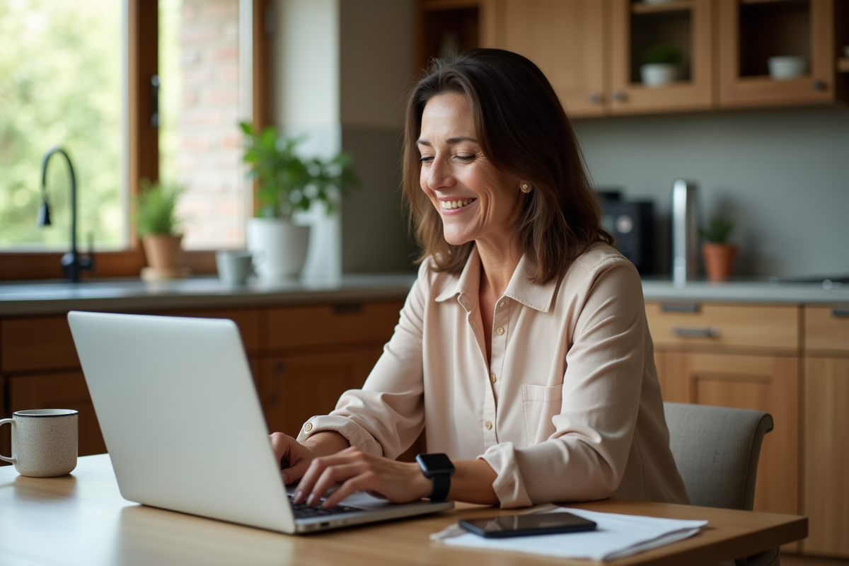 Femme d'âge moyen en télétravail dans une cuisine lumineuse
