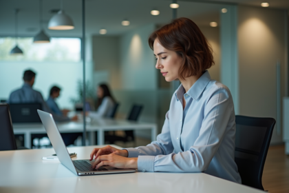 Femme au bureau interactant avec des graphiques numériques