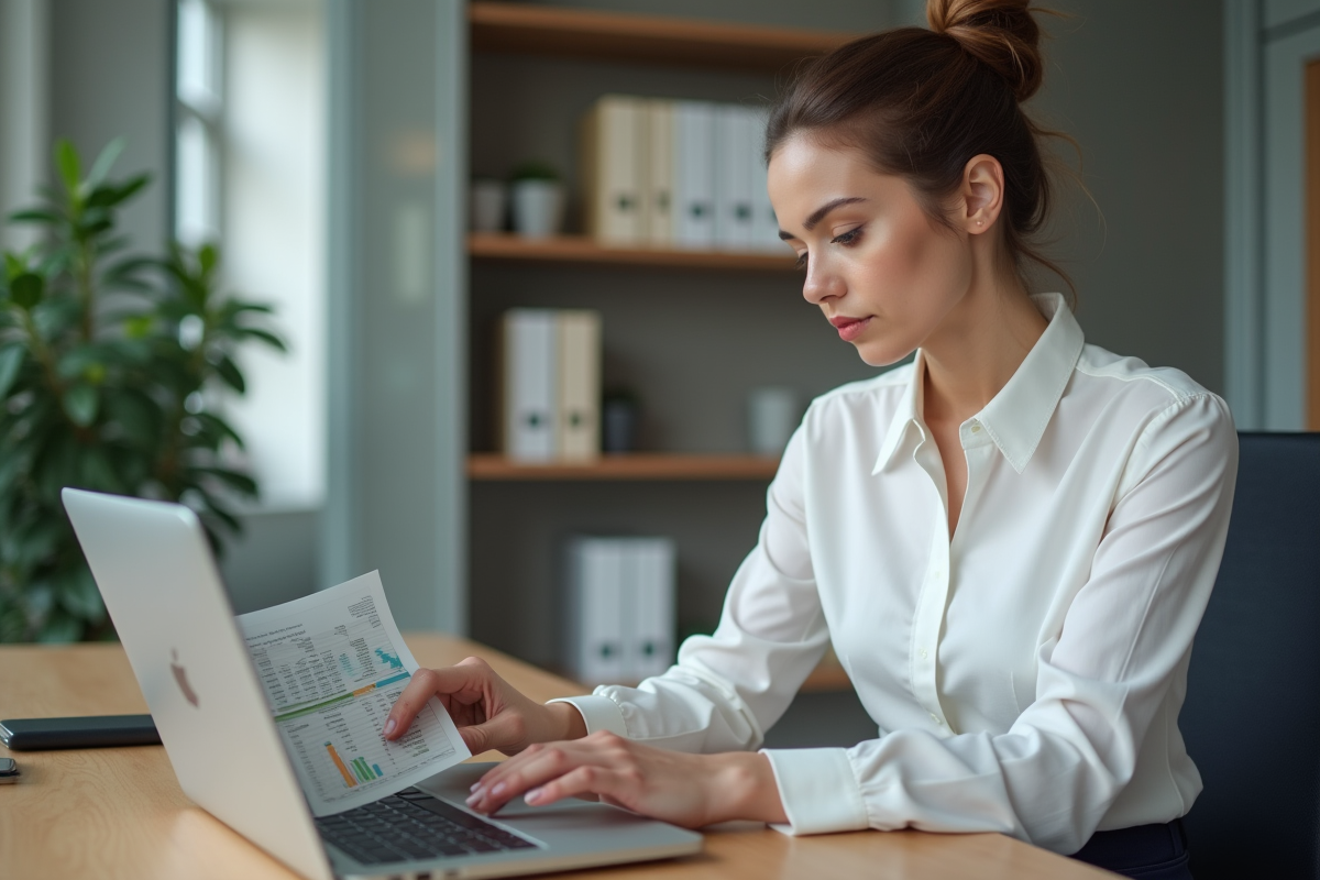 Femme en blouse blanche travaillant sur un excel au bureau