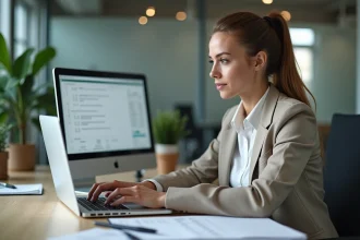 Femme concentrée utilisant un ordinateur portable avec formules Excel