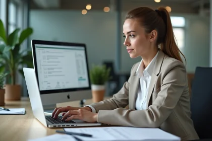 Femme concentrée utilisant un ordinateur portable avec formules Excel