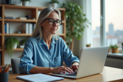 Femme d'âge moyen travaillant sur un ordinateur dans un bureau moderne