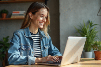 Jeune femme souriante travaillant sur un ordinateur dans un bureau cosy