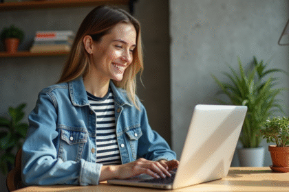 Jeune femme souriante travaillant sur un ordinateur dans un bureau cosy