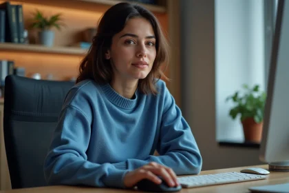 Jeune femme concentrée sur son ordinateur dans un bureau moderne
